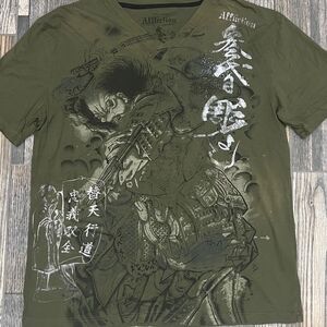 🔥☠️ Y2K AFFLICTION All Over Print V-Neck Graffic T-Shirt - RARE Samurai Print
